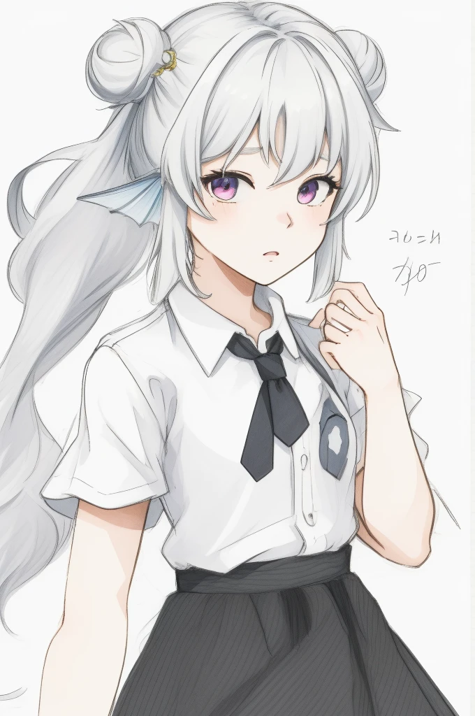 (masterpiece, top quality: 1.2), super detailed, cinematic lighting, HDR, sketch, half-drawn sketch, detailed pencil drawing, 1girl,20 years old,solo,long hair,white hair,finana,twintails,double bun,((white shirt,short sleeves,standart tie,skirt)),(white background),Mid-ground character