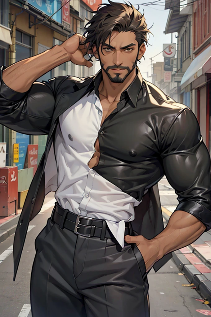 Mature man, best quality in black shirt (open shirt), nipple piercing, masterpiece, super high resolution, detailed background, realistic, illustration, single, 1 boy, muscle man, beard, street, muscle, facial hair, volumetric lighting, depth of field, gasping for air, raised crotch