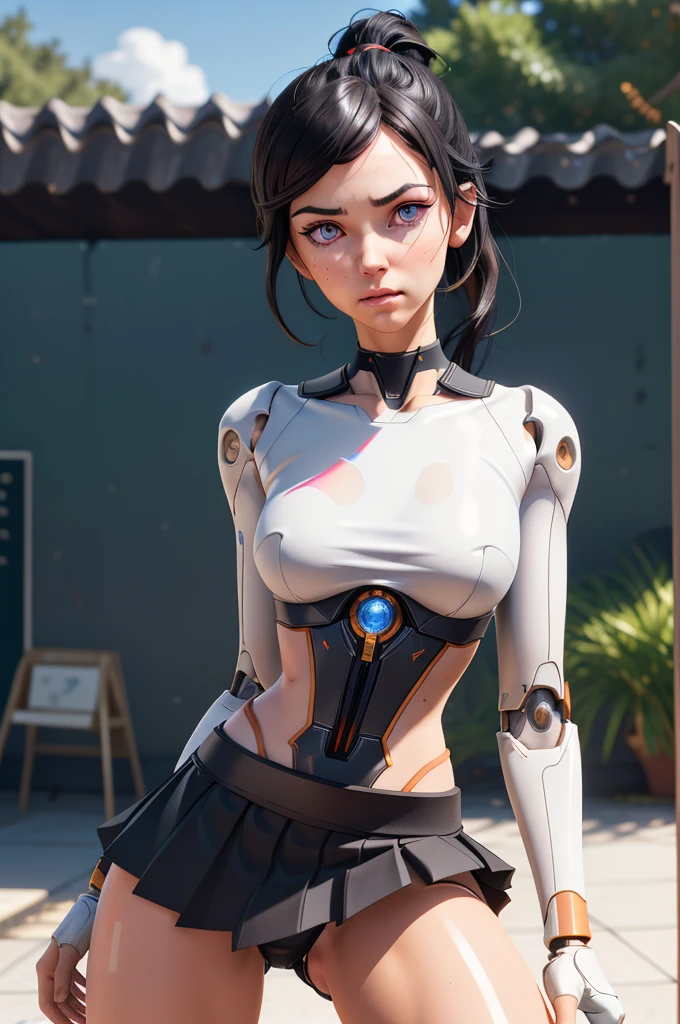 masterpiece, best quality, absurdres, illustration, 8k, perfect shadows,perfect lighting,hdr, ambient lighting,realistic, ultra-realistic, cowboy shot, Photo realistic,(hyperrealistic:1)textured skin,shiny skin,skindentation, beautiful body, (blush:1.2) yztsuki, 1girl, solo, stiches, android, black hair,black skirt,, ponytail, serafuku, sailor collar, joints, pale, mechanical arms, 3d model cycles render, cyborg, joints, long hair, mechanical arms, mechanical parts, cyberpunk, orange, heavy eyeliner, red eye color,(large breasts,hourglass body, thin waist,very slim waist)extremely detailed face,detailed eye makeup, detail face, nice detailed eyes,nice hands, perfect hands lora:beautifulDetailedEyes_v10:0.50> (realistic pupils,realistic iris:1) heavy eye makeupdefined body features,toned midriff,skinny waist,thin waist,(abs:0.8)standing, slightly squatted(spread legs:1.2), leg support, looking forward at a human . One android. One human .