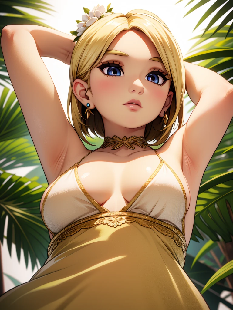 looking away,1girl,arms behind head,arms up,blonde hair,breasts,curvy,earrings,evening,eyelashes,eyeshadow,from below,(em uma floresta mostrando os peitos)