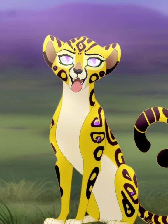fuli character, feral, cheetah, hypnotized with glowing purple eyes, tongue out, full body image