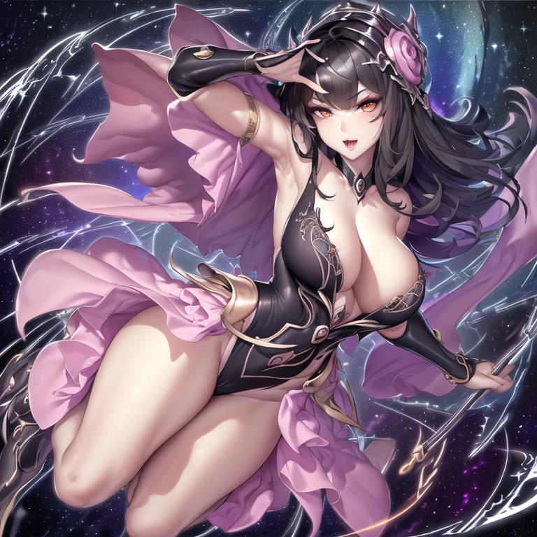 (masterpiece, top quality, best quality, official art, beautiful and aesthetic:1.2), (1girl), extreme detailed,(fractal art:1.3),colorful,highest detailed, (Flat color:1.1),(Colorful:1.3),(Masterpiece:1.2), Best quality, Masterpiece, Original, Full body photo, Very detailed wallpaper, Solo woman, starry night sky，Best quality, Masterpiece, (Realistic:0.6), Realistic lighting, Detailed， Complicated details， 4K， Line art， Fibonacci, 1 solo woman, black hair, goth queen, evil villainess, badass woman, beautiful gown, high-low dress, showing legs, dramatic dress, lots of embroidery, galaxy dress, night sky dress, celestial dress, evil goddess queen woman