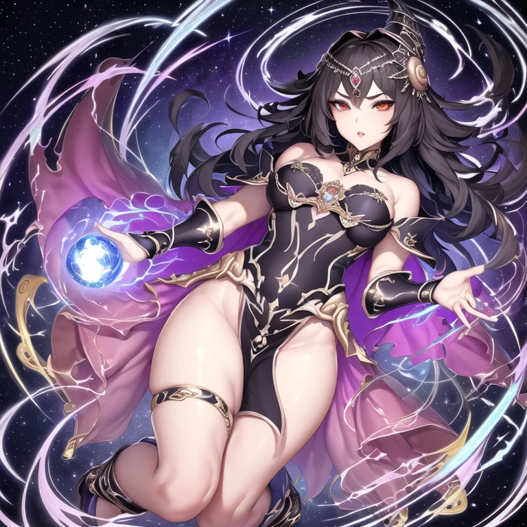 (masterpiece, top quality, best quality, official art, beautiful and aesthetic:1.2), (1girl), extreme detailed,(fractal art:1.3),colorful,highest detailed, (Flat color:1.1),(Colorful:1.3),(Masterpiece:1.2), Best quality, Masterpiece, Original, Full body photo, Very detailed wallpaper, Solo woman, starry night sky,Best quality, Masterpiece, (Realistic:0.6), Realistic lighting, Detailed, Complicated details, 4K, Line art, Fibonacci, 1 solo woman, black hair, goth queen, evil villainess, badass woman, beautiful gown, high-low dress, showing legs, dramatic dress, lots of embroidery, galaxy dress, night sky dress, celestial dress, evil goddess queen woman