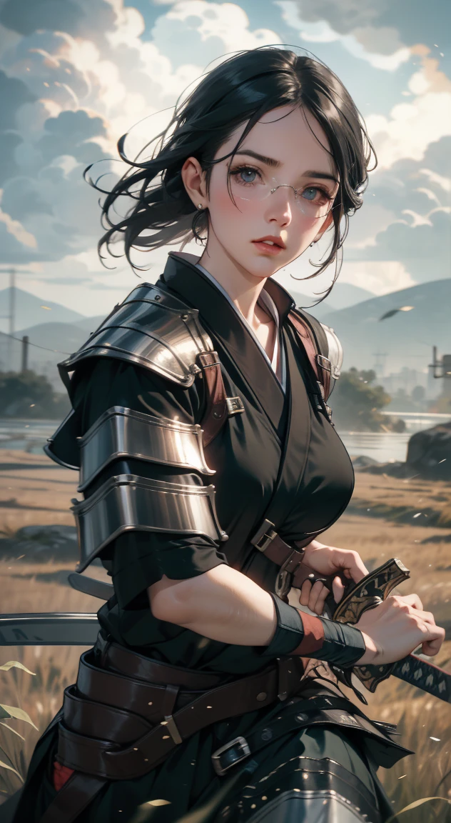 samurai girl, 1 girl, beautiful detailed eyes, beautiful detailed lips, extremely detailed face and eyes, long eyelashes, samurai armor, ((two japanese swords)), rural rice field road, rolling hills, cloudy sky, detailed environment, dramatic lighting, cinematic lighting, dramatic shadows, highly detailed, 8K, photorealistic, hyper detailed, masterpiece, vibrant colors, atmospheric, intricate details、((Big Breasts)) Classic glasses