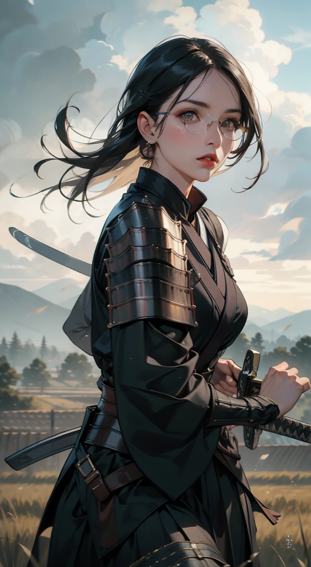 samurai girl, 1 girl, beautiful detailed eyes, beautiful detailed lips, extremely detailed face and eyes, long eyelashes, samurai armor, ((two japanese swords)), rural rice field road, rolling hills, cloudy sky, detailed environment, dramatic lighting, cinematic lighting, dramatic shadows, highly detailed, 8K, photorealistic, hyper detailed, masterpiece, vibrant colors, atmospheric, intricate details、((Big Breasts)) Classic glasses