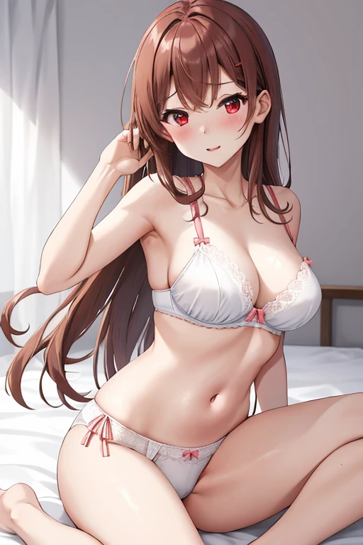 アニメ,One woman, 23 years old,bed_Sheet, Open leg pose,blush, chest, chestの谷間, clavicle, Red eyes,Slender figure, 形の良い大きなchest, belly button, Light Brown Hair, Medium Hair, alone,White Bra,White panties,Dynamic Angle,Simple background