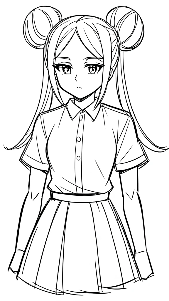 1 ,draw line,monochrome,（sketch:1.5）,1girl,20 years old,solo,long hair,white hair,finana,twintails,double bun,((white shirt,short sleeves,standart tie,skirt)),(white background,sketch),Mid-ground character