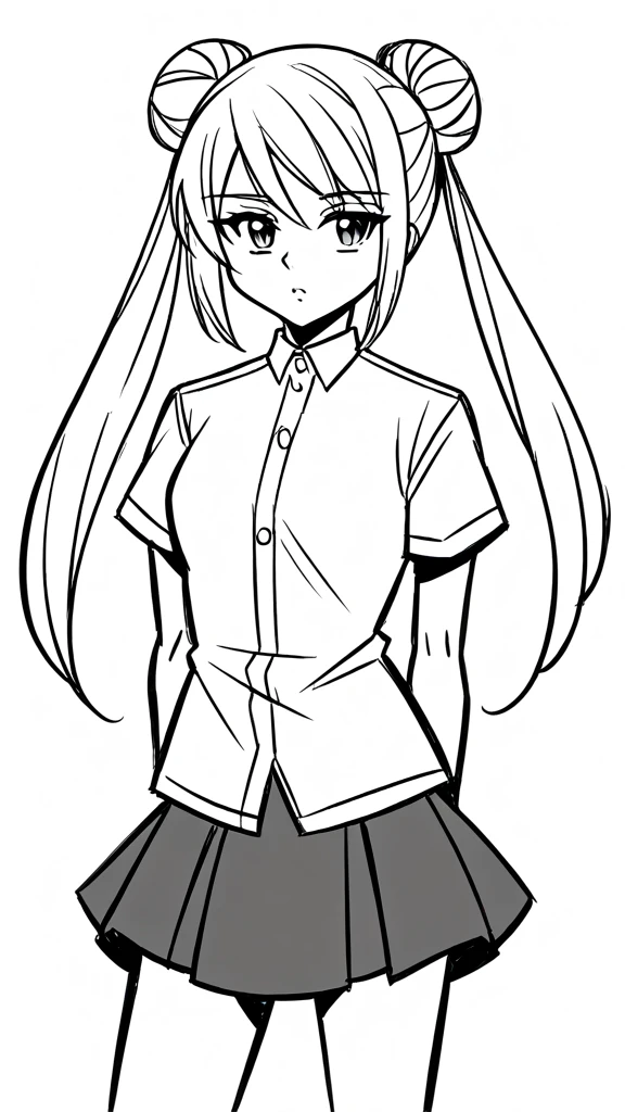 1 ,draw line,monochrome,（sketch:1.5）,1girl,20 years old,solo,long hair,white hair,finana,twintails,double bun,((white shirt,short sleeves,standart tie,skirt)),(white background,sketch),Mid-ground character