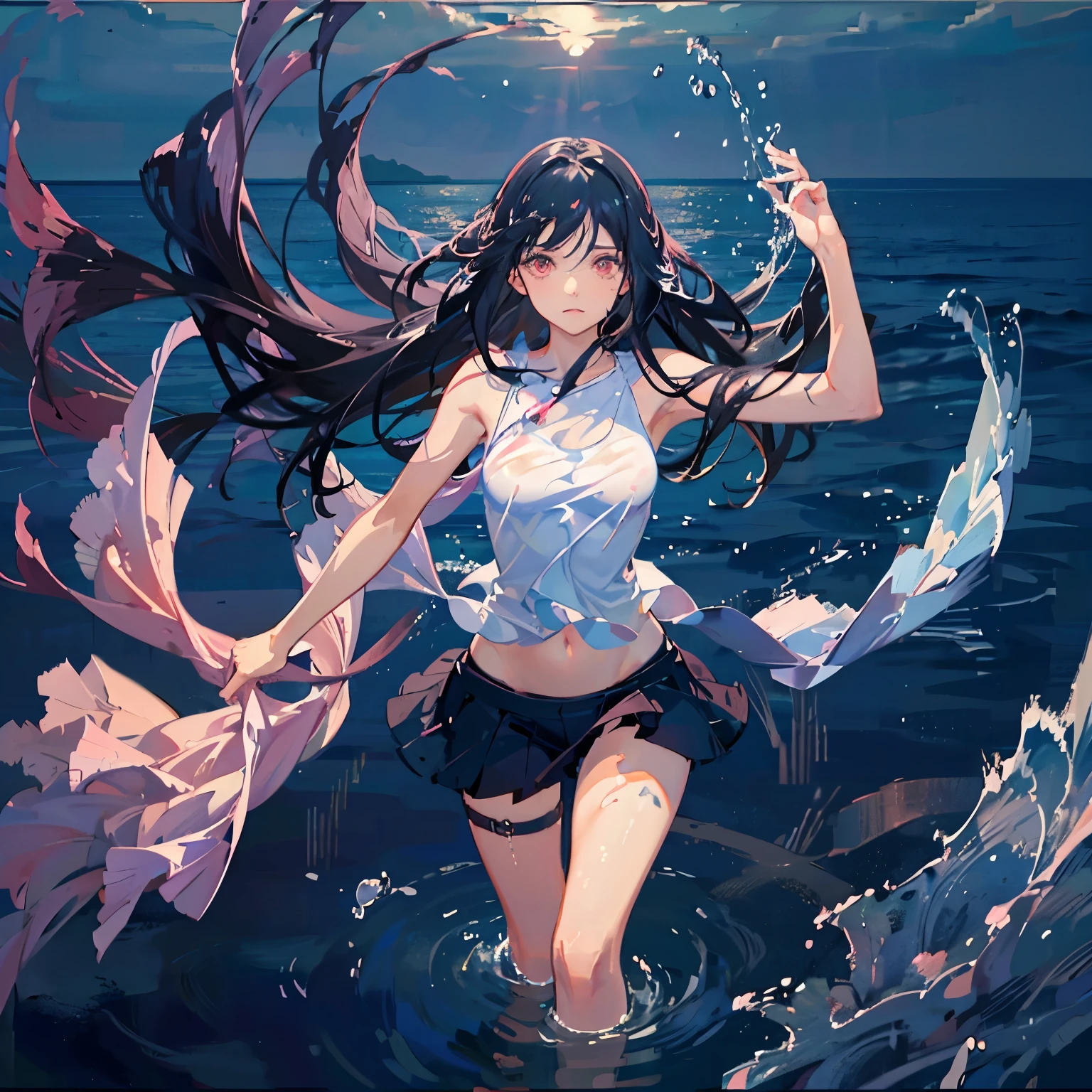 on an endless sea,the weather is stormy,A girl wearing a white one-piece bikini,You must wear white clothes all over your body,Showing long and beautiful legs,,Girls must stand,A -yeld gilooks like,The sky is very dark with clouds,The sea rises and falls,You must stand inside the sea,Standing in the depths of the sea,It's a very dark night,The legs are plump,The thighs are very meaty,The clothes are conjoined,Only legs exposed,Other parts are slightly transparent due to being wet with water