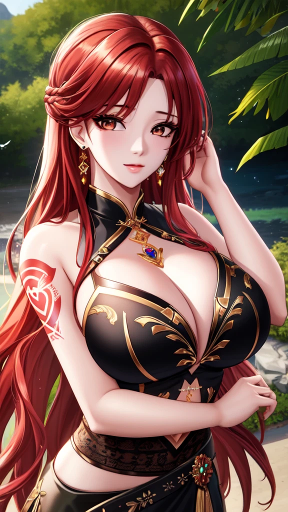 (extremely detailed CG unity 8k wallpaper), the most beautiful artwork in the world, 1girl, breasts, solo, jewelry, earrings, long_hair, cleavage, red_hair, hair_over_one_eye, brown_eyes, looking_at_viewer, tattoo, large_breasts, upper_body, arm_tattoo, kpop idol, jisoo