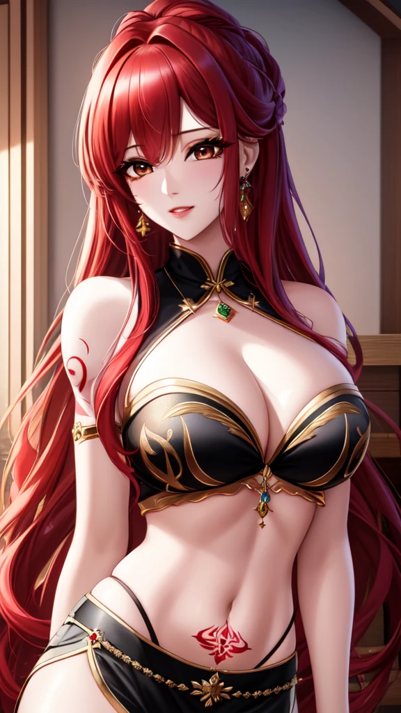 (extremely detailed CG unity 8k wallpaper), the most beautiful artwork in the world, 1girl, , solo, jewelry, earrings, long_hair, , red_hair, hair_over_one_eye, brown_eyes, looking_at_viewer, tattoo, large_, upper_body, arm_tattoo, kpop idol, jisoo