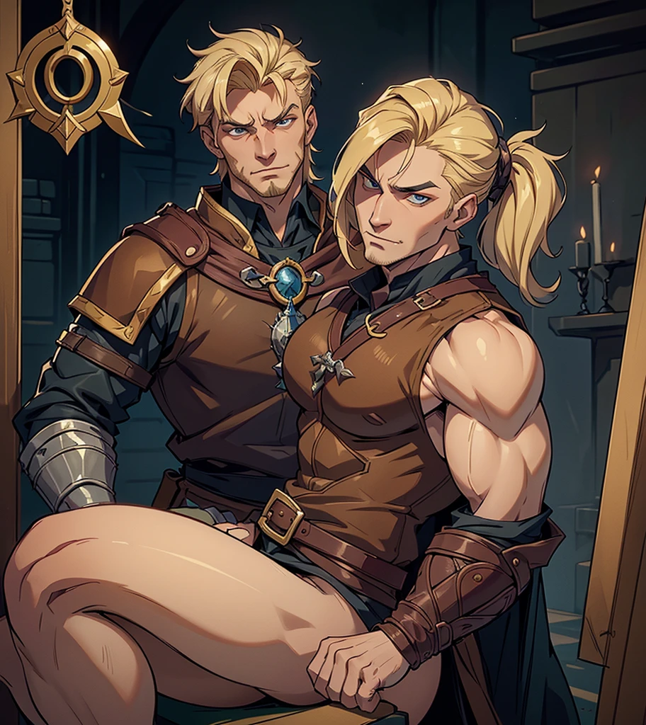 (((Solo character image.))) (((Generate a single character image.)))  (((Dressed in medieval fantasy attire.))) (((Very sexy facial expression.))) Generate a male fantasy character who is a good looking, handsome criminal.  He is a shifty and suspicious individual who is untrustworthy and somewhat sinister.  But he is a confidence trickster. Shoulder-length blond hair.  He looks like a dangerous man.  Handsome.  Intense stare.  He looks like a very sexy male villain for a fantasy setting.  (((Sexually attractive.)))