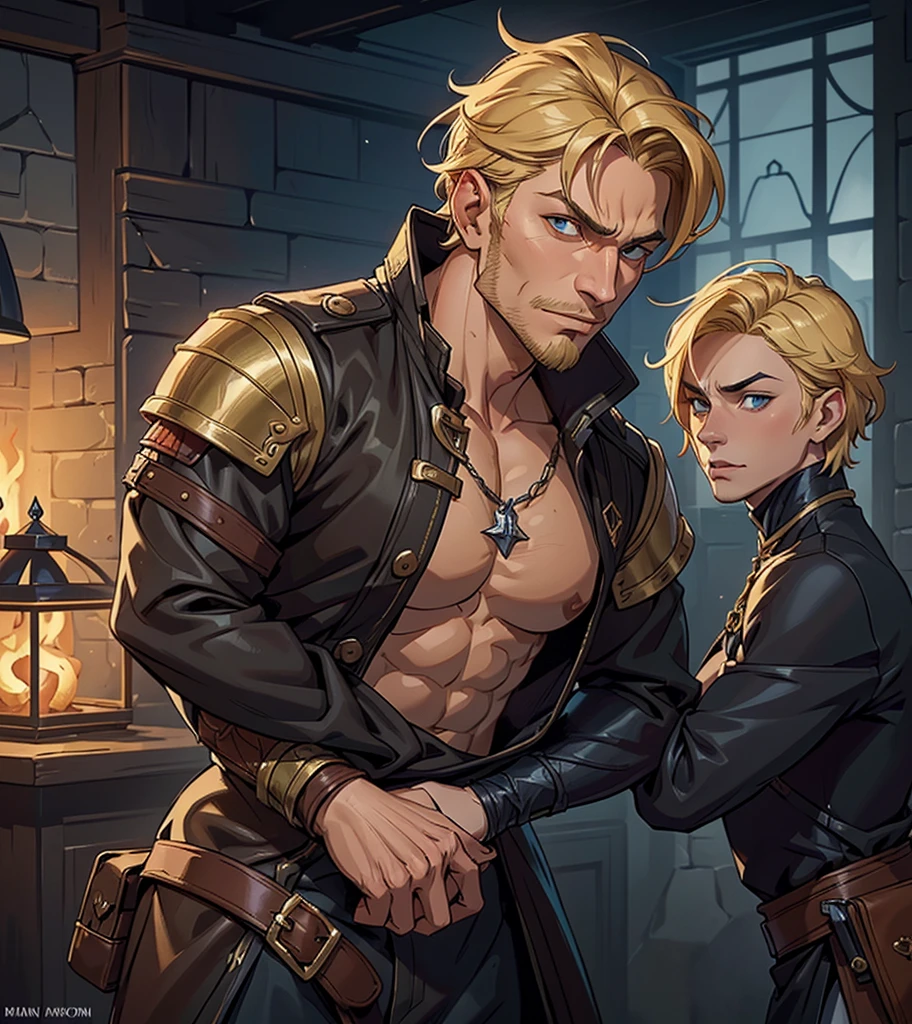 (((Solo character image.))) (((Generate a single character image.)))  (((Dressed in medieval fantasy attire.))) (((Very sexy facial expression.))) Generate a male fantasy character who is a good looking, handsome criminal.  He is a shifty and suspicious individual who is untrustworthy and somewhat sinister.  But he is a confidence trickster. Shoulder-length blond hair.  He looks like a dangerous man.  Handsome.  Intense stare.  He looks like a very sexy male villain for a fantasy setting.  (((Sexually attractive.)))