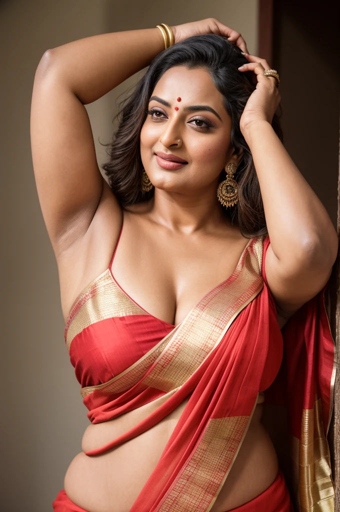 50 years old mature Woman, thick fleshy body, heavy figure, Foto RAW, photorealistic, photography, full body shot, master shot, goddess like beauty, perfect thick chubby mallu Desi aunty bhabhi, Wearing a Stanapatta, a chest-band.Saree model, model Photography, Indian saree shoot, Indian traditional wear advertising photography, traditional wear brand shoot, face of Indian actress Sonakshi Sinha, masterpiece, realistic, realism, incredible details,  pleasure, photorealism, detailed skin, skin pores, high contrast, photorealistic Artstation 8k HD digital art trend of high definition and detailed realistic skin texture, ultra detail, realistic skin texture, armature, best quality, ultra high definition, (photorealistic:1.4),, high resolution, detail, raw photo, Re sharp, by Lee Jefferies Nikon D850 Film Stock Photo 4 Kodak Portra 400 Camera F1.6 Lens Rich Color Ultra Real Realistic Realistic Textures Dramatic Lighting Unreal Engine Trending at Art Station Cinestill 800,(pele altamente detalhada: 1.2), 8k UHD, DSLR, soft-lighting, alta qualidade, grain of film, Fujifilm XT3,she didn't like to wear blouse or , she  happy to wear only saree, she hates blouse or ,