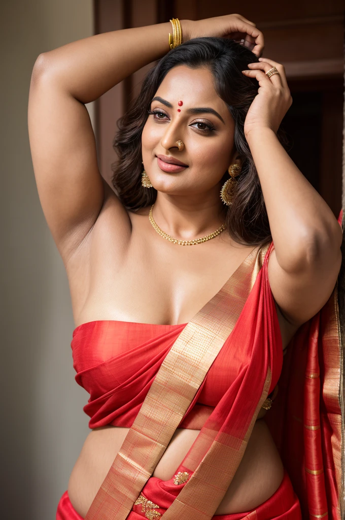 50 years old mature Woman, thick fleshy body, heavy figure, Foto RAW, photorealistic, photography, full body shot, master shot, goddess like beauty, perfect thick chubby mallu Desi aunty bhabhi, Wearing a Stanapatta, a chest-band.Saree model, model Photography, Indian saree shoot, Indian traditional wear advertising photography, traditional wear brand shoot, face of Indian actress Sonakshi Sinha, masterpiece, realistic, realism, incredible details,  pleasure, photorealism, detailed skin, skin pores, high contrast, photorealistic Artstation 8k HD digital art trend of high definition and detailed realistic skin texture, ultra detail, realistic skin texture, armature, best quality, ultra high definition, (photorealistic:1.4),, high resolution, detail, raw photo, Re sharp, by Lee Jefferies Nikon D850 Film Stock Photo 4 Kodak Portra 400 Camera F1.6 Lens Rich Color Ultra Real Realistic Realistic Textures Dramatic Lighting Unreal Engine Trending at Art Station Cinestill 800,(pele altamente detalhada: 1.2), 8k UHD, DSLR, soft-lighting, alta qualidade, grain of film, Fujifilm XT3,she didn't like to wear blouse or bra, she  happy to wear only saree, she hates blouse or bra,