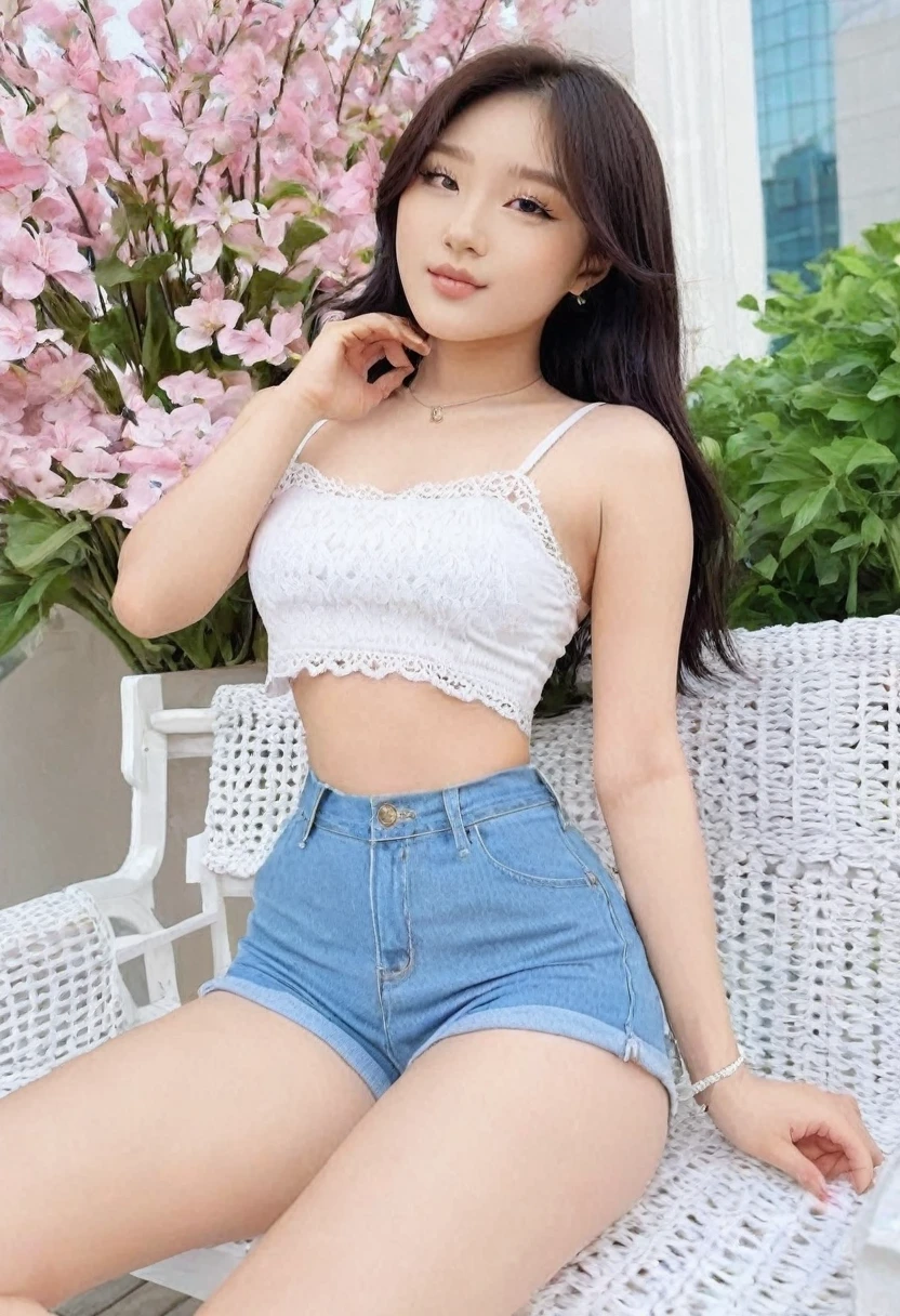 ((Best high quality:1.2)), (8k), extremely detailed, ((High detail:1.2)), (Hotlexi woman), ((Go Youn-jung)), Solo, 24 year old Korean Ulzzang female, (crop top, mini-shorts), ((extremely beautiful and perfect face:1.4)), 
