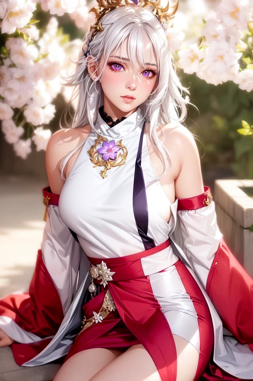 realistic, 1girl, white hair, purple eyes, glowing eyes, crop top, skirt, parted lips, blush, night, flowers, sun, sunlight,