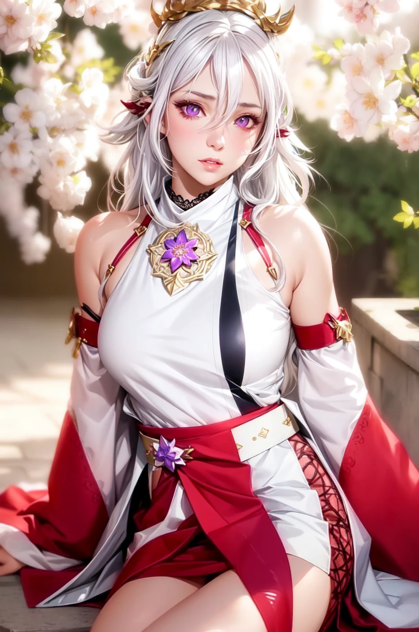 realistic, 1girl, white hair, purple eyes, glowing eyes, crop top, skirt, parted lips, blush, night, flowers, sun, sunlight,