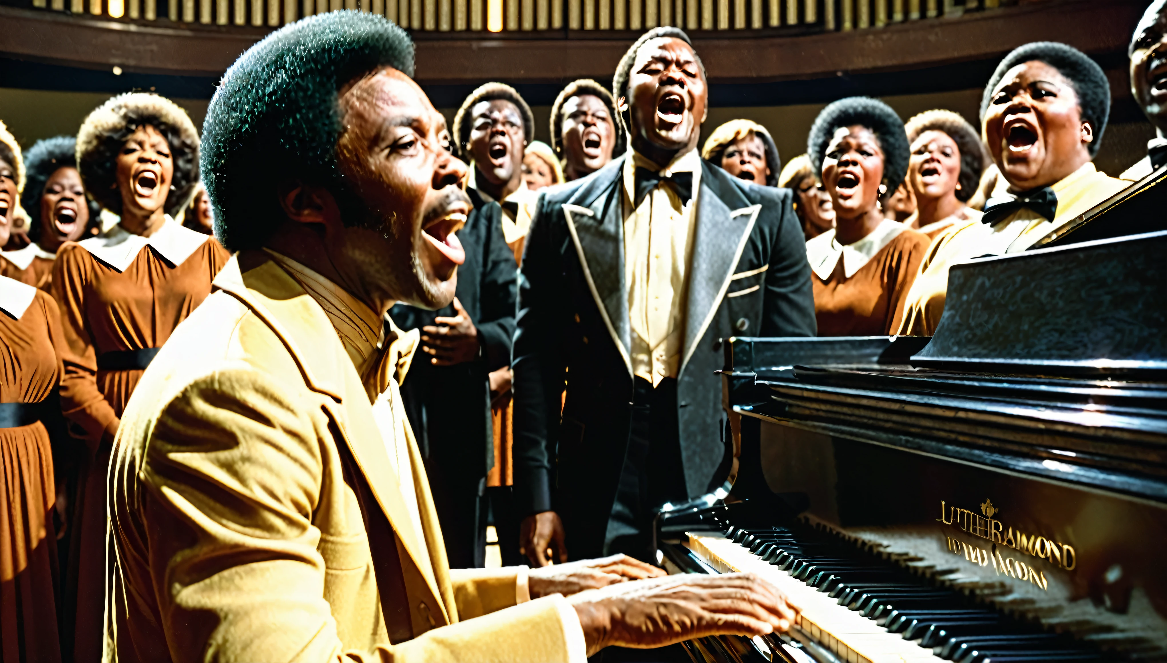 1970s tv show, African-American man named "Luther Diamond" playing piano while surrounded by a singing choir, cinematic action, masterpiece, super detail, textured skin, atmospheric perspective, 