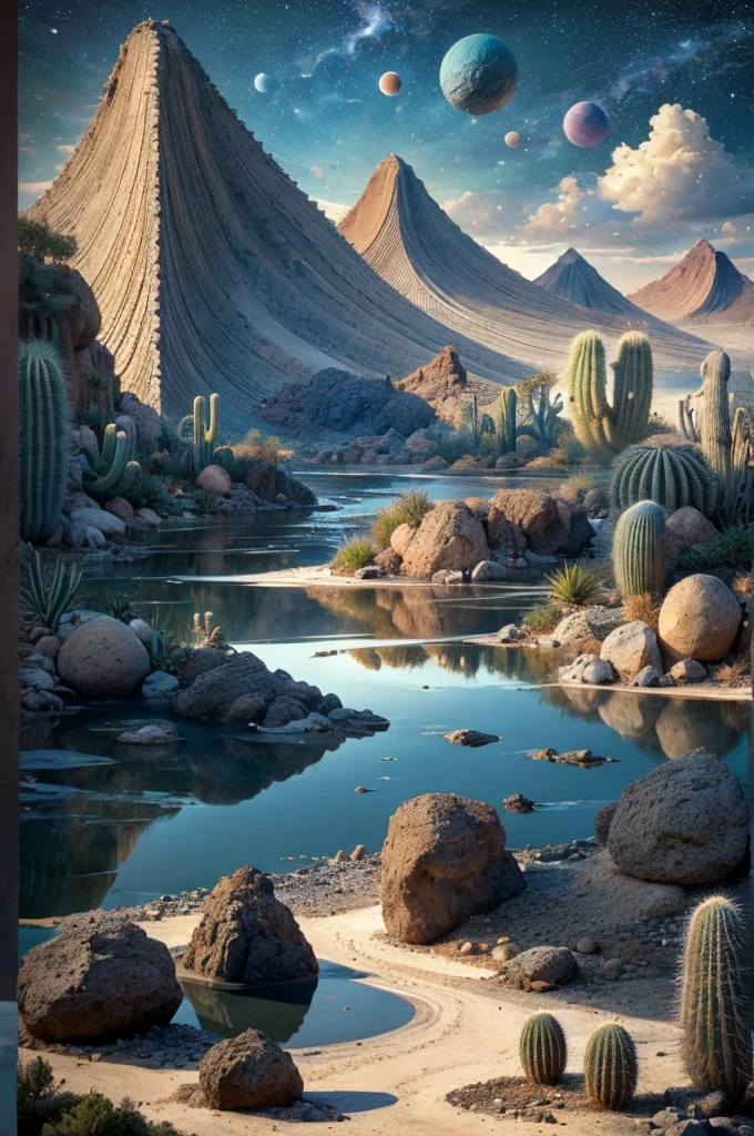 An illustration, collage style, David Hockney visual style, (((Luis Barragán's architectural style houses in middle of a lake))), big boulders, little cascade, mountains, volcanos, volcanic landscape, pool, stairs, beautiful gardens, abundant vegetation, cacti, agave, big clouds, sunset. Magazine cover, serif tipography, editorial design, masterpiece, An illustration in collage style, con rocas gigantes, Brutalist construction sections, escaleras, cactus, agave, textura de concreto, Multiple geometric shapes, hatch and cross hatching, planeta Saturno. ((masterpiece, best quality)),illustration,ultra detailed 8k. (((An illustration of a build designed by Luis Barragán))), with a desertic vegetation garden, (big rocks), ((cacti)), lake, volcano in horizon, smooth clouds, (((illustration collage format))), ((Escher's art style)), (((multiple sections))), (violet, blue, olive green, grey, black and white), hard shadows, (((geometric sculptures))), concrete sculptures, high contrast, dramatic, cinematographic, ((milky way galaxy)), intricate, intricate details, sharp focus,landscape