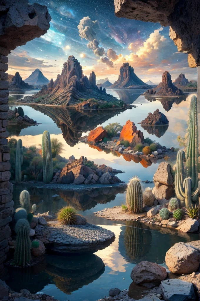 An illustration, collage style, David Hockney visual style, (((Luis Barragán's architectural style houses in middle of a lake))), big boulders, little cascade, mountains, volcanos, volcanic landscape, pool, stairs, beautiful gardens, abundant vegetation, cacti, agave, big clouds, sunset. Magazine cover, serif tipography, editorial design, masterpiece, An illustration in collage style, con rocas gigantes, Brutalist construction sections, escaleras, cactus, agave, textura de concreto, Multiple geometric shapes, hatch and cross hatching, planeta Saturno. ((masterpiece, best quality)),illustration,ultra detailed 8k. (((An illustration of a build designed by Luis Barragán))), with a desertic vegetation garden, (big rocks), ((cacti)), lake, volcano in horizon, smooth clouds, (((illustration collage format))), ((Escher's art style)), (((multiple sections))), (violet, blue, olive green, grey, black and white), hard shadows, (((geometric sculptures))), concrete sculptures, high contrast, dramatic, cinematographic, ((milky way galaxy)), intricate, intricate details, sharp focus,landscape