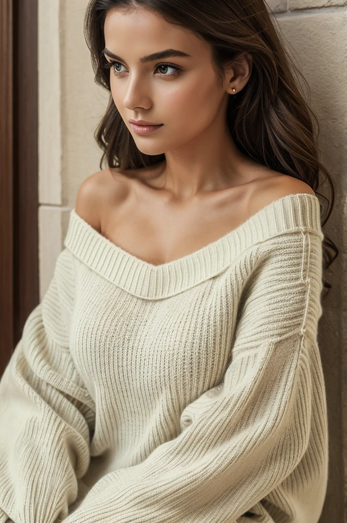 bbyorf, short hair with long locks, white hairband, red eyes, gold earrings, large breasts, jewelry, off shoulder, red sweater, sweater dress, long sleeves, black pantyhose, realism, masterpiece, textured skin , super detail, high detail, high quality, best quality, 1080p