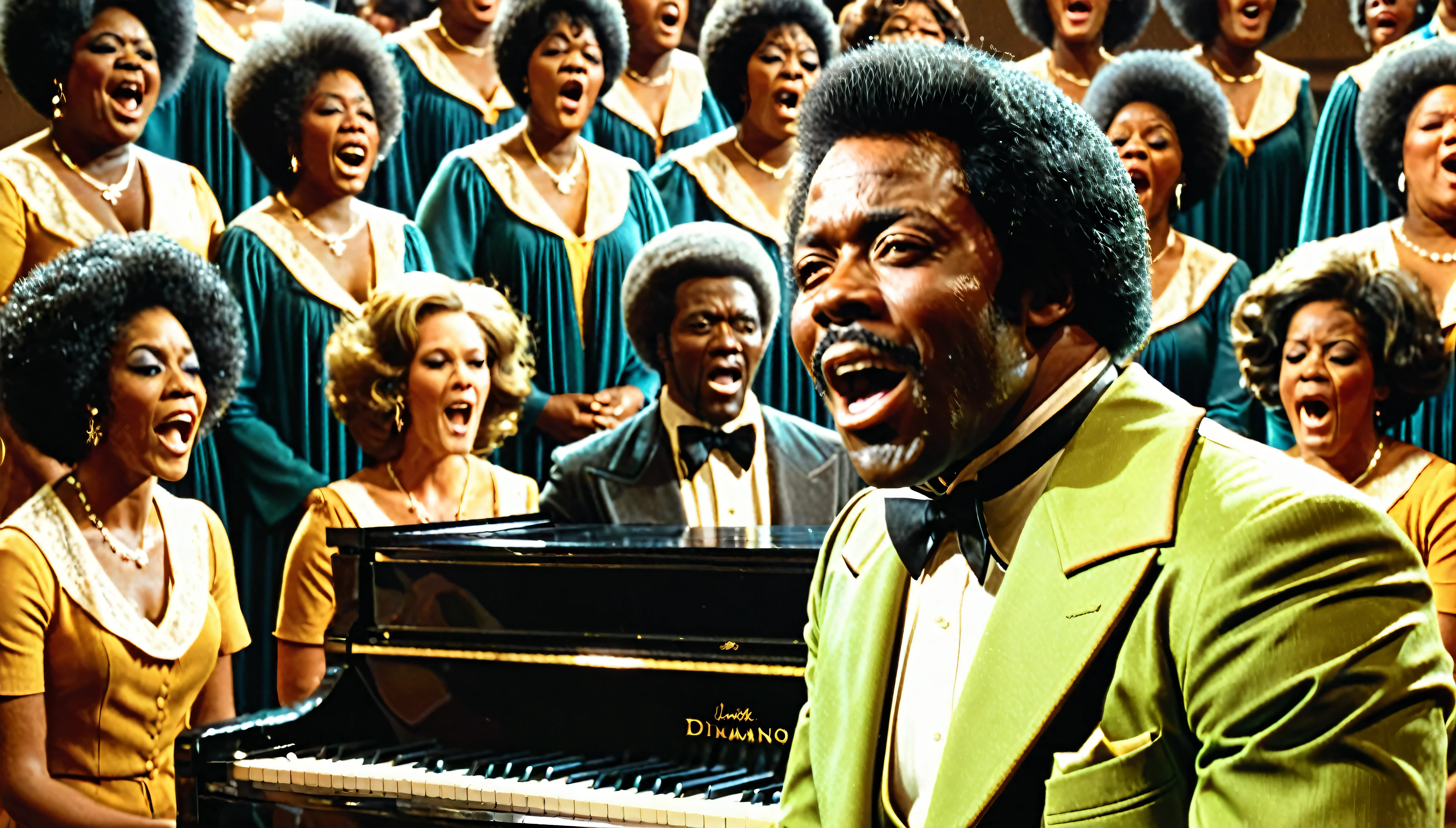 1970s tv show, African-American man named "Luther Diamond" playing piano while surrounded by a singing choir, cinematic action, masterpiece, super detail, textured skin, atmospheric perspective,