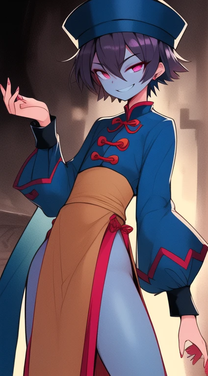 Best quality, Super detailed illustration, Warm colors, perfect lighting, (boy:1.6), (the blue skin:1,6) , short tousled thick hair ,Jiangshi clothing, long sleeves, long skirt with leg cutout on the sides, open legs, Tight-fitting clothing, Guanli hat ,smug smile, Happy , a femboy, small waist, wide hips, slim, Perfect body, full length, tricky glance, Scarlet eyes,black and lilac color of clothes