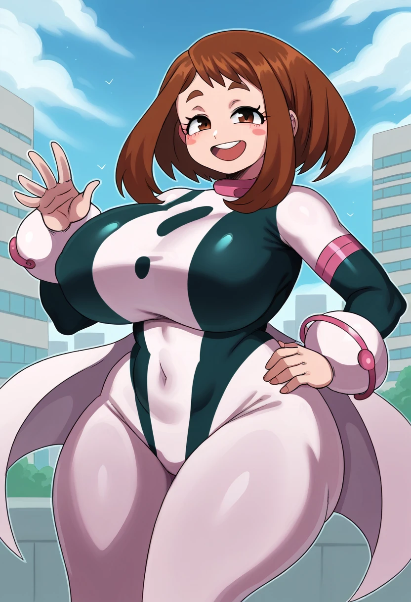 score_9, score_8_up, score_7_up, source_anime,
ochakouraraka, ochako uraraka, brown eyes, brown hair, short hair, blush, blush stickers, smile,
, skin tight, superhero,
outdoors, cityscape,
looking at viewer, cowboy shot, , curvy, dynamic pose,S2Z0n1c21.5XL style, half closed eyes, 