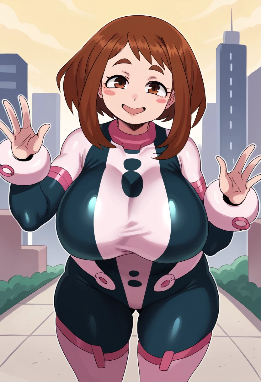 score_9, score_8_up, score_7_up, source_anime,
ochakouraraka, ochako uraraka, brown eyes, brown hair, short hair, blush, blush stickers, smile,
bodysuit, skin tight, superhero,
outdoors, cityscape,
looking at viewer, cowboy shot, huge breasts, curvy, dynamic pose,S2Z0n1c21.5XL style, half closed eyes, sexy