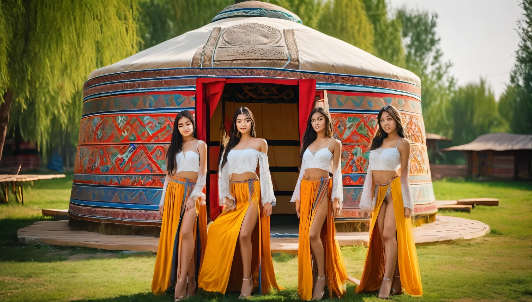 (best quality), (masterpiece), (detailed), (5 girl), (full body), five Uzbekistan Young Women standing in front of Mongolian Yurt, Uzbekistan young women, beautiful detailed eyes,sexy lace traditional,sexy, cute,