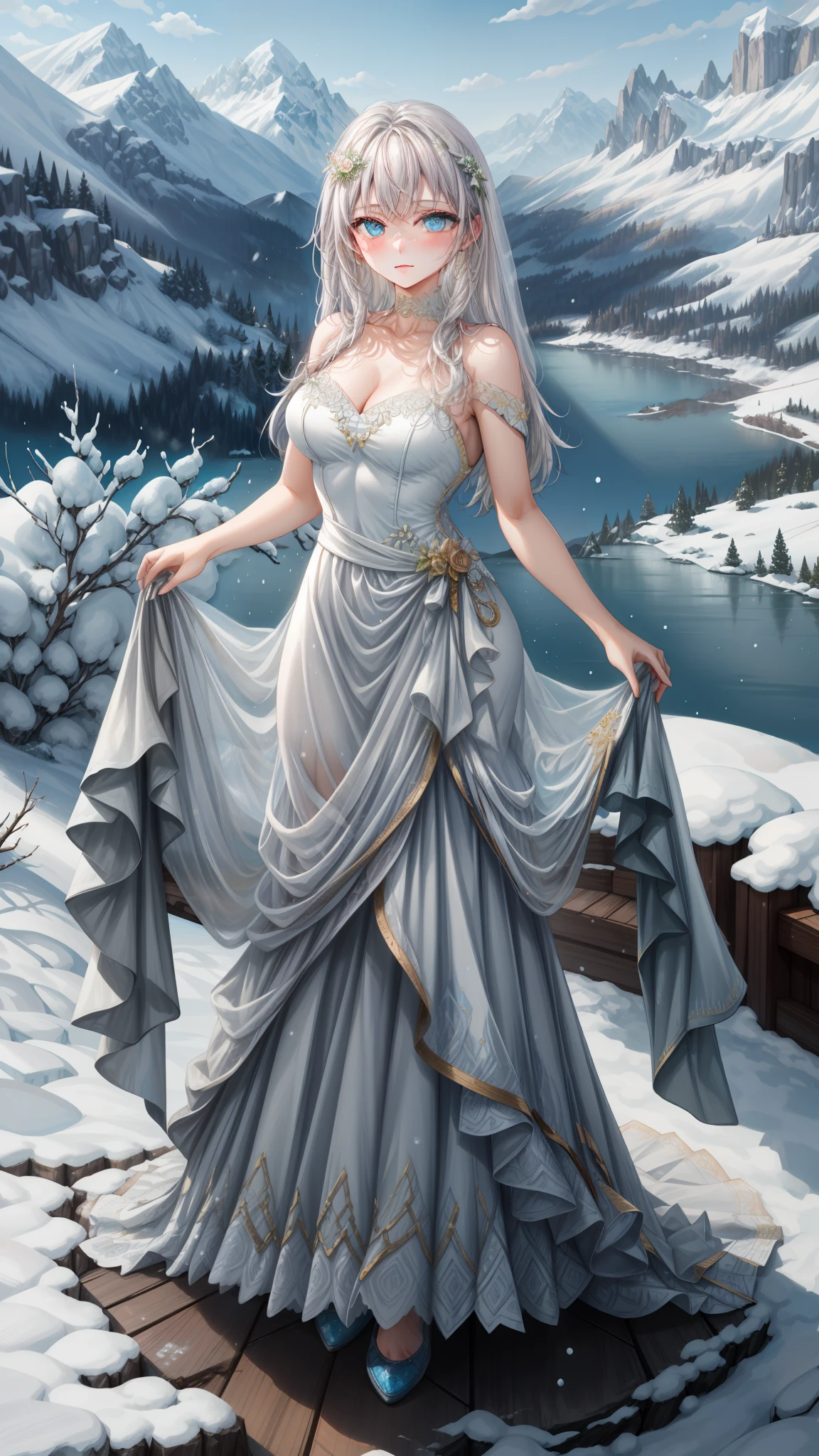 

(1girl), (masterpiece), (best quality), ((looking at the viewer)), ((full body)),((facing the viewer)), ((dress that shows off her figure)), ((White hair)), ((beautiful wedding dress))

In a serene alpine setting, atop a snow-capped mountain peak, a young woman stands gracefully. Her hair, as pure and white as freshly fallen snow, cascades down her shoulders in gentle waves. Her eyes, a striking shade of blue reminiscent of deep sapphires, reflect the clear, crisp sky above. She is adorned in an elegant, flowing white gown that flutters lightly in the mountain breeze, accentuating her slender figure. The morning sun bathes her in a soft, golden glow, highlighting the delicate features of her face - a serene expression that mirrors the tranquility of her surroundings. Her gaze is fixed upon the panoramic view of rugged valleys and distant peaks, a scene painted with pristine snow and lush greenery under the vast, unblemished sky.
