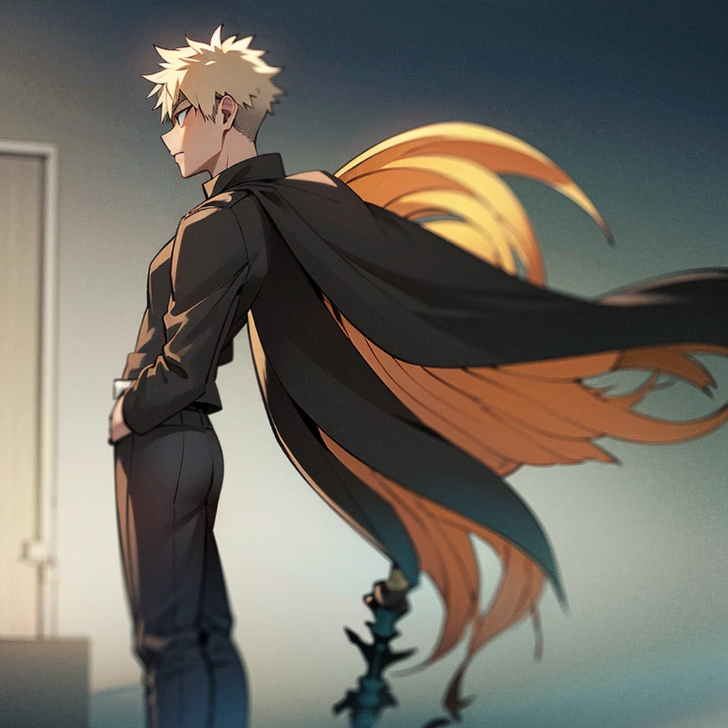 On a rooftop at dusk, Katsuki Bakugo stands tall in his black and orange hero costume. His spiky blond hair gently moves in the evening breeze as he gazes ahead with focused determination.
Approaching from behind, Jun Hime moves quietly. She wears a flowing dress that gracefully sways with her steps, her long dark hair cascading down. With a gentle boldness, she surprises Katsuki by wrapping her arms around him, resting her cheek against his back.
Katsuki initially shows surprise, his stiff posture gradually softening. His expression shifts from initial shock to a mixture of emotions.
The background features a quiet urban landscape with distant lights and a starry sky, enhancing the intimate moment between the two characters.