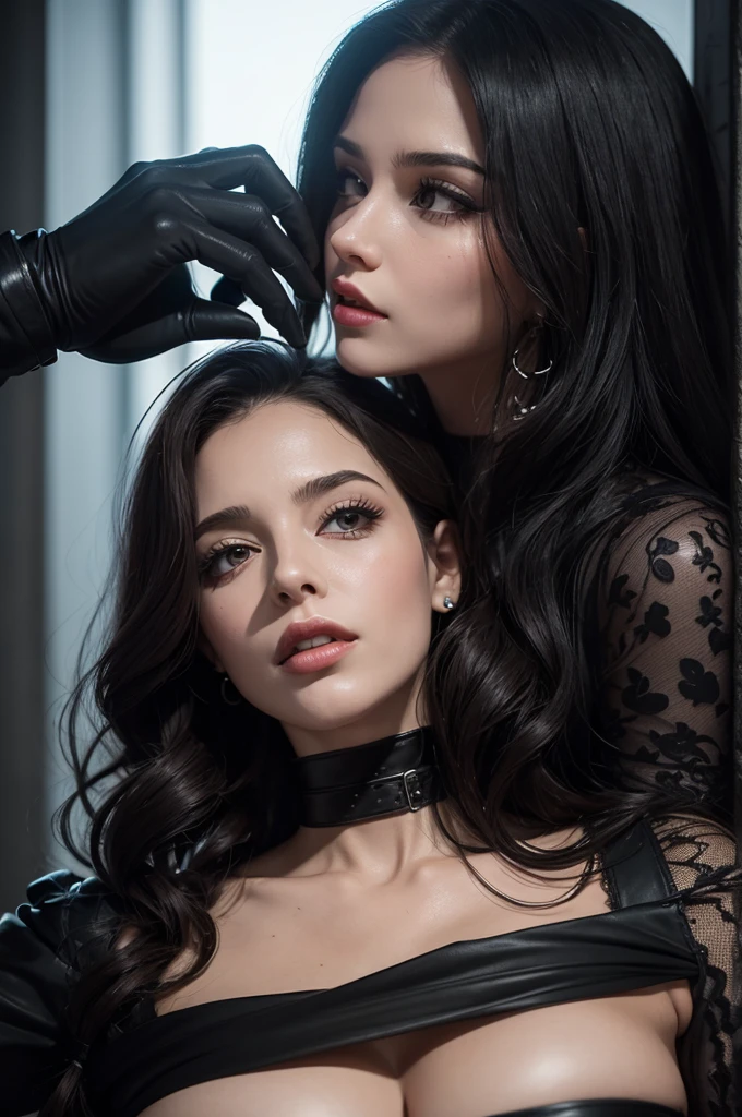a passionate lesbian kiss, 2 girls in leather skirts, intimate moment, close-up, beautiful detailed eyes, beautiful detailed lips, extremely detailed face, long eyelashes, chiaroscuro lighting, dramatic lighting, cinematic atmosphere, dark moody colors, rich textures, dramatic shadows, romantic, sensual, (best quality,4k,8k,highres,masterpiece:1.2),ultra-detailed,(realistic,photorealistic,photo-realistic:1.37)