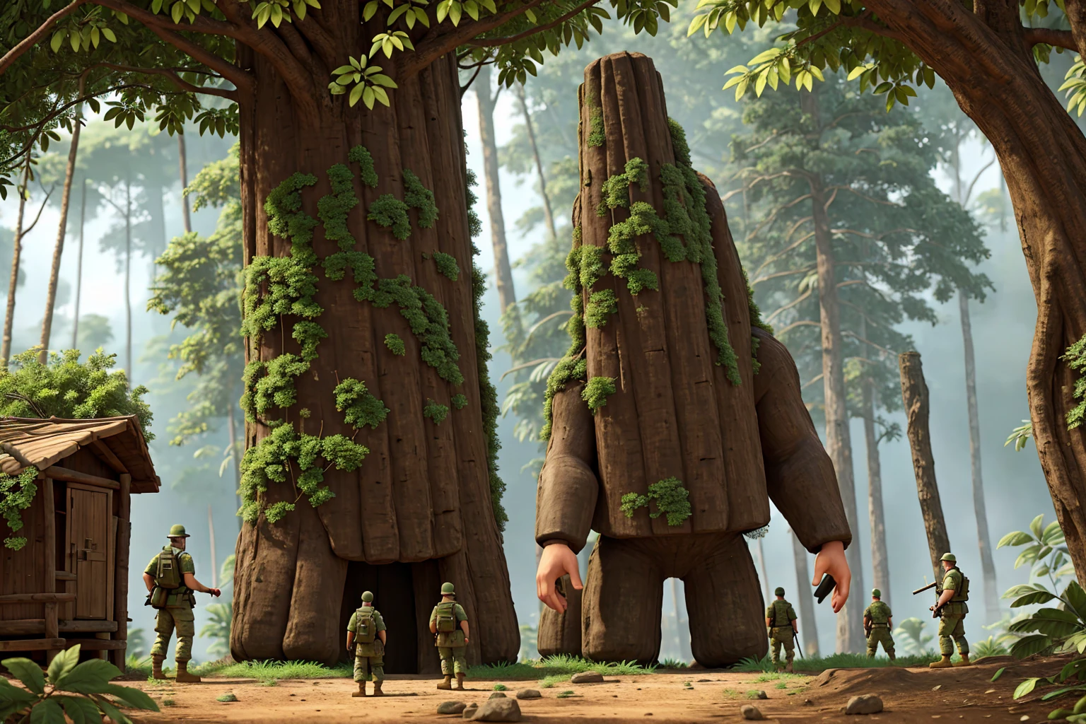 Giants towering over military soldiers in the jungle