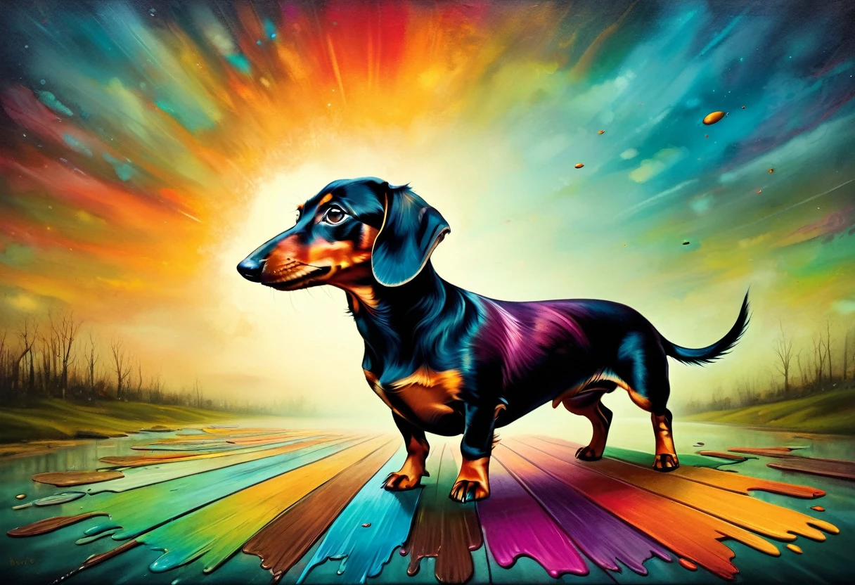 funny flyer Dachshund  stimpunk ( stile by Andy-Kehoe), very colorful, ((oil painting palette)), ((masterpiece)), extreme detail, perspective, 8k