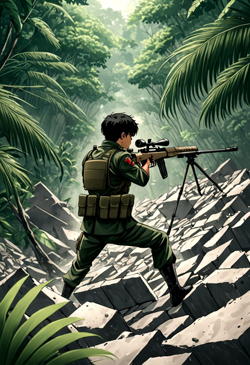 sniper、a young male Mexican soldier with cropped black hair belonging to the Mexican army takes aim with a sniper rifle..、Standing、on the rubble、jungle forest、Action poses with movement.、Image from above