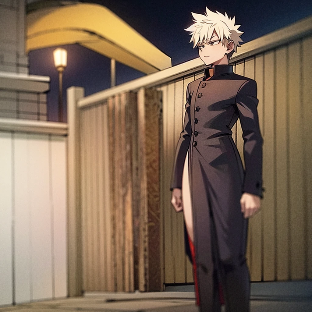 On a rooftop at dusk, Katsuki Bakugo stands tall in his black and orange hero costume. His spiky blond hair gently moves in the evening breeze as he gazes ahead with focused determination.
Approaching from behind, Jun Hime moves quietly. She wears a flowing dress that gracefully sways with her steps, her long dark hair cascading down. With a gentle boldness, she surprises Katsuki by wrapping her arms around him, resting her cheek against his back.
Katsuki initially shows surprise, his stiff posture gradually softening. His expression shifts from initial shock to a mixture of emotions.
The background features a quiet urban landscape with distant lights and a starry sky, enhancing the intimate moment between the two characters.