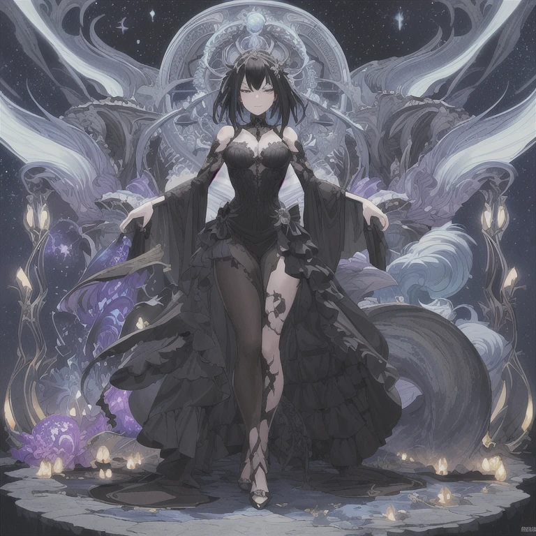 (masterpiece, top quality, best quality, official art, beautiful and aesthetic:1.2), (1girl), extreme detailed,(fractal art:1.3),colorful,highest detailed, (Flat color:1.1),(Colorful:1.3),(Masterpiece:1.2), Best quality, Masterpiece, Original, Full body photo, Very detailed wallpaper, Solo woman, starry night sky,Best quality, Masterpiece, (Realistic:0.6), Realistic lighting, Detailed, Complicated details, 4K, Line art, Fibonacci, 1 solo woman, black hair, goth queen, evil villainess, badass woman, beautiful gown, high-low dress, showing legs, dramatic dress, lots of embroidery, galaxy dress, night sky dress, celestial dress, evil goddess queen woman