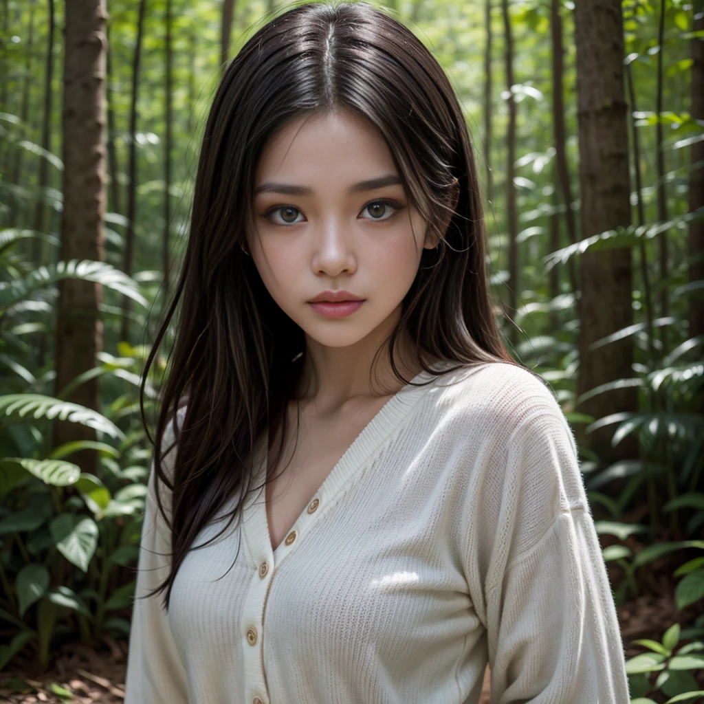 Brown-skinned woman, with vulgar clothes, black hair and honey eyes, at a forest 