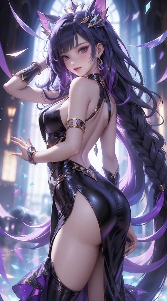 1girl, dress, long_hair, solo, high_heels, purple_hair, breasts, purple_eyes, looking_at_viewer, raiden_shogun, black_dress, jewelry, sideboob, holding, hair_ornament, earrings, black_footwear, sparkle, backless_dress, bangs, from_side, backless_outfit, very_long_hair, smile, hand_on_own_face, glint, bare_shoulders, halterneck, halter_dress, full_body, star_(symbol), hand_on_own_cheek, medium_breasts, bare_arms, closed_mouth, artist_name, blush, sleeveless