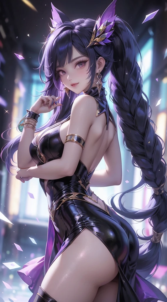 1girl, dress, long_hair, solo, high_heels, purple_hair, , purple_eyes, looking_at_viewer, raiden_shogun, black_dress, jewelry, , holding, hair_ornament, earrings, black_footwear, sparkle, backless_dress, bangs, from_side, backless_outfit, very_long_hair, smile, hand_on_own_face, glint, _shoulders, halterneck, halter_dress, full_body, star_(symbol), hand_on_own_cheek, medium_, _arms, closed_mouth, artist_name, blush, sleeveless
