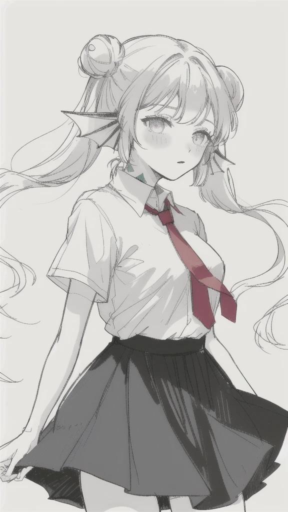 1girl,20 years old,solo,long hair,white hair,finana,twintails,double bun,(white shirt,short sleeves,standart tie,skirt),(white background,sketch),Mid-ground character