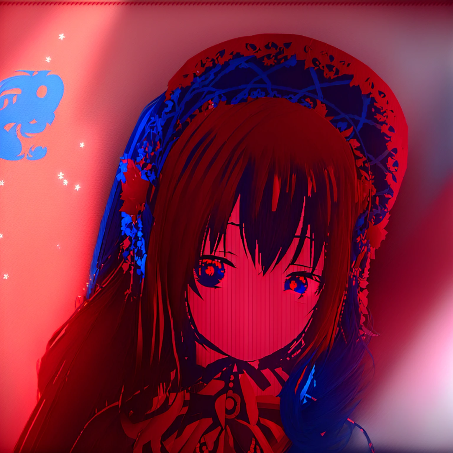 Anime girl with blue hair and red eyes in a red dress, Tohsaka Rin, change, Reimu Hakurei, East character, , from East, Anime-style 3D, Created by Anime Painter Studio, No lines, East, inspired by Takehisa Yumeji, Anime Moe Art Style