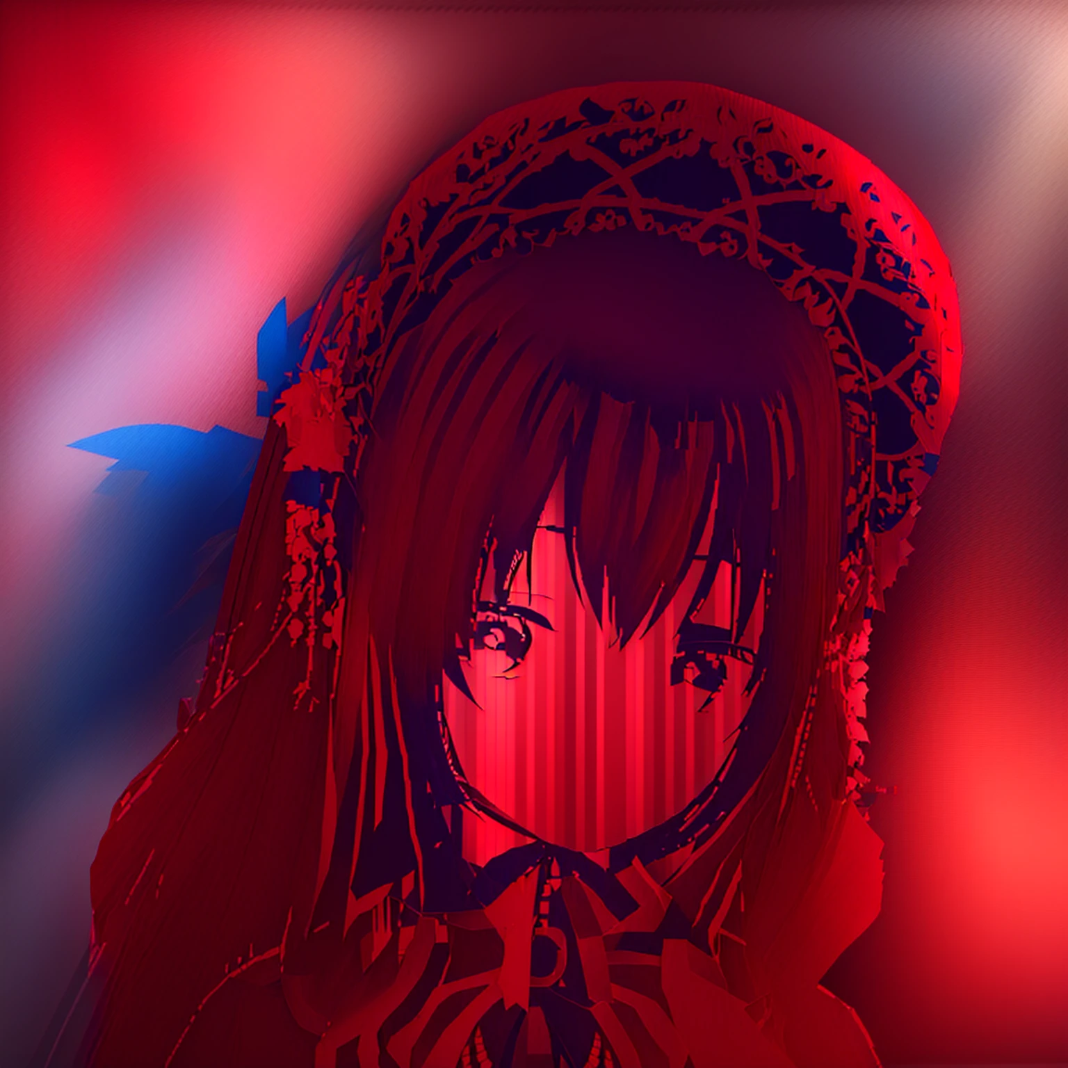 Anime girl with blue hair and red eyes in a red dress, Tohsaka Rin, change, Reimu Hakurei, East character, , from East, Anime-style 3D, Created by Anime Painter Studio, No lines, East, inspired by Takehisa Yumeji, Anime Moe Art Style