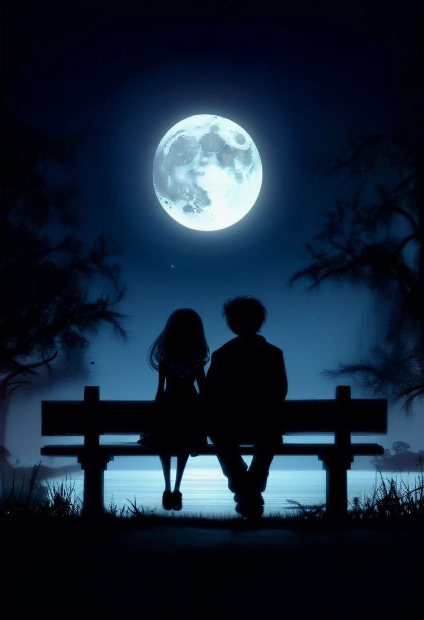 Ashley Wood style, dark scarlet background, chemiluminescence. (Animation. Night, 1 moon, city park, a guy and a girl are sitting on a bench holding hands and looking at the moon. Romance, fairy-tale background) (minimalism: 1), ray tracing details...Stephen Gammell style - Iai in the style of Stephen Gammell