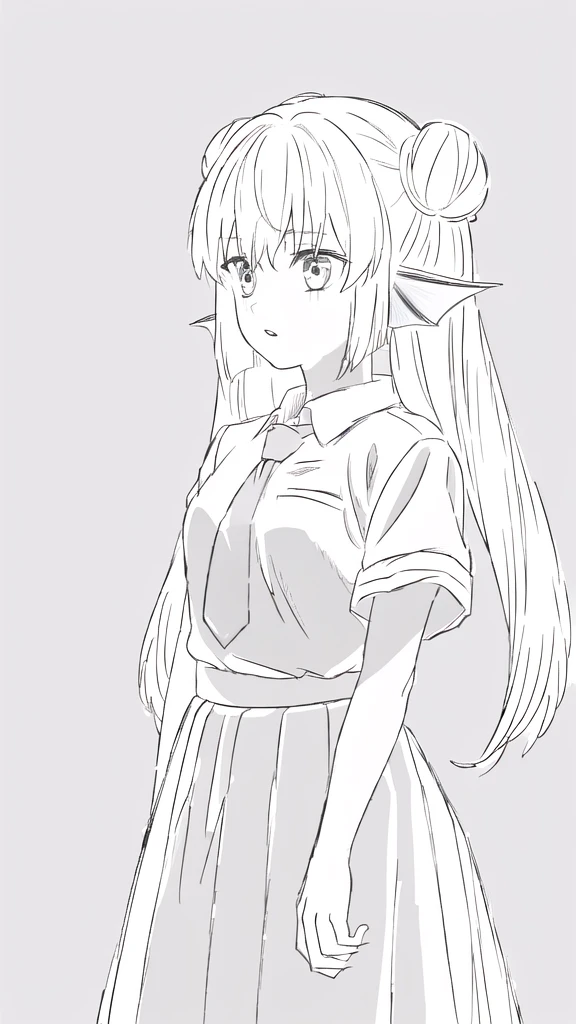 (best quality, masterpiece, highres),1girl,20 years old,solo,long hair,white hair,finana,twintails,double bun,((white shirt,short sleeves,standart tie,skirt)),(white background,sketch),Mid-ground character