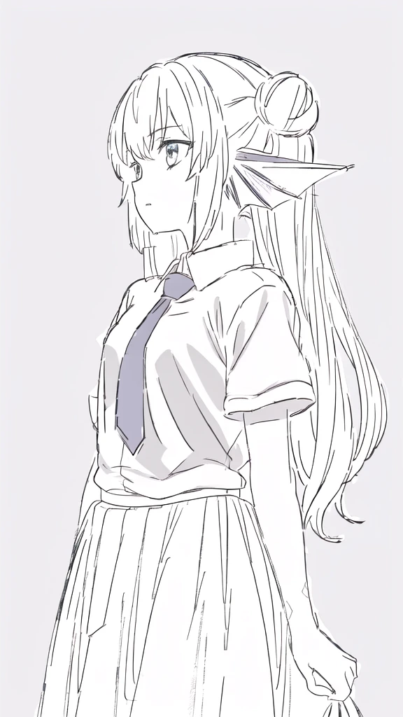 (best quality, masterpiece, highres),1girl,20 years old,solo,long hair,white hair,finana,twintails,double bun,((white shirt,short sleeves,standart tie,skirt)),(white background,sketch),Mid-ground character