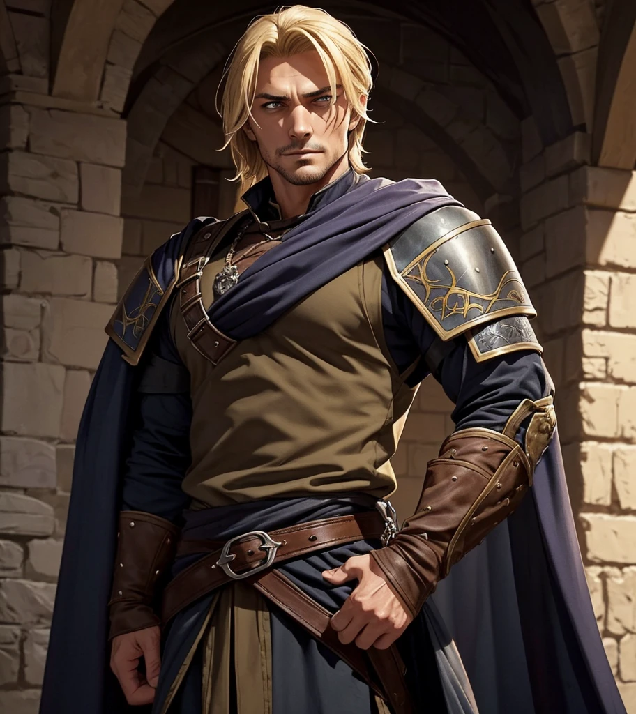 (((Solo character image.))) (((Generate a single character image.)))  (((Dressed in medieval fantasy attire.))) (((Very  facial expression.))) Generate a male fantasy character who is a good looking, handsome criminal.  He is a shifty and suspicious individual who is untrustworthy and somewhat sinister.  But he is a confidence trickster. Shoulder-length blond hair.  He looks like a dangerous man.  Handsome.  Intense stare.  He looks like a very  male villain for a fantasy setting.  ((( attractive.)))