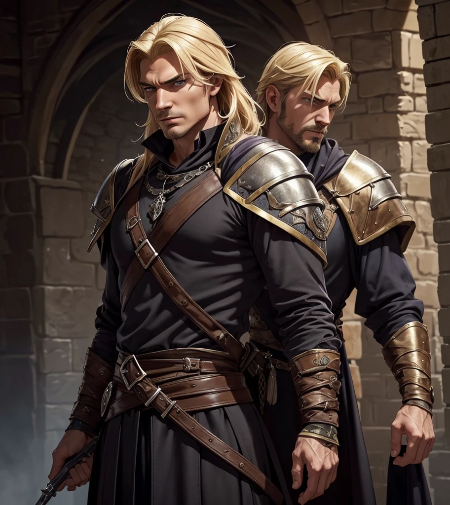 (((Solo character image.))) (((Generate a single character image.)))  (((Dressed in medieval fantasy attire.))) (((Very sexy facial expression.))) Generate a male fantasy character who is a good looking, handsome criminal.  He is a shifty and suspicious individual who is untrustworthy and somewhat sinister.  But he is a confidence trickster. Shoulder-length blond hair.  He looks like a dangerous man.  Handsome.  Intense stare.  He looks like a very sexy male villain for a fantasy setting.  (((Sexually attractive.)))